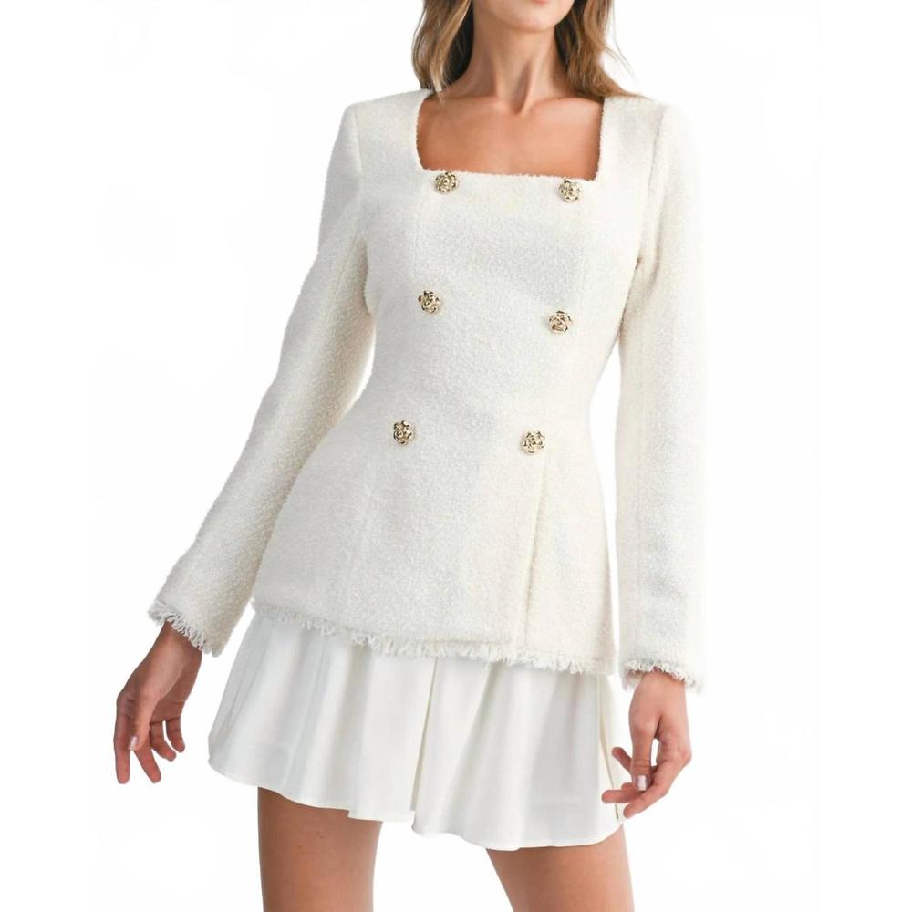Elegant White Tweed Skirt Set with Gold Buttons